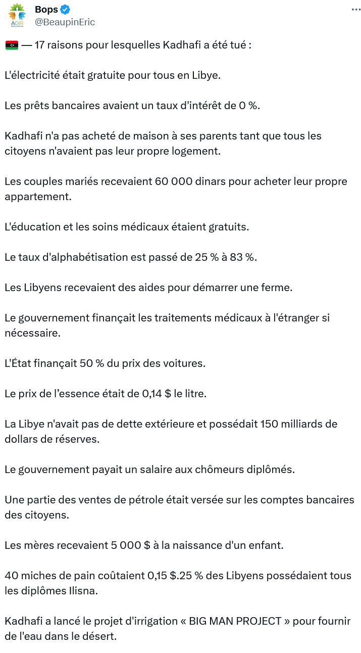 Screenshot 2024-05-12 at 19-36-21 Bops sur X 🇱🇾 — 17 raisons pour lesquelles Kadhafi a été tué L'électricité était gratuite pour tous en Libye. Les prêts bancaires avaient un taux d'intérêt de 0 %. Kadhafi n'a pa[...]